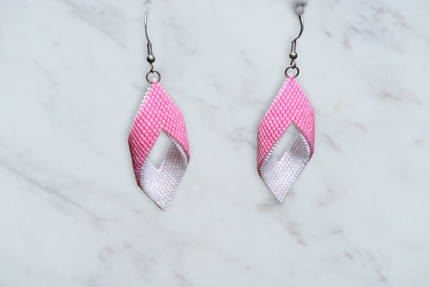 Pink and white folded peyote earrings