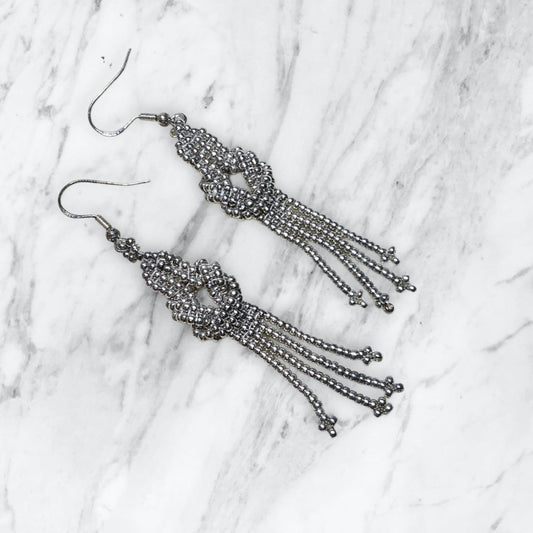 Silver beaded knot fringe earrings