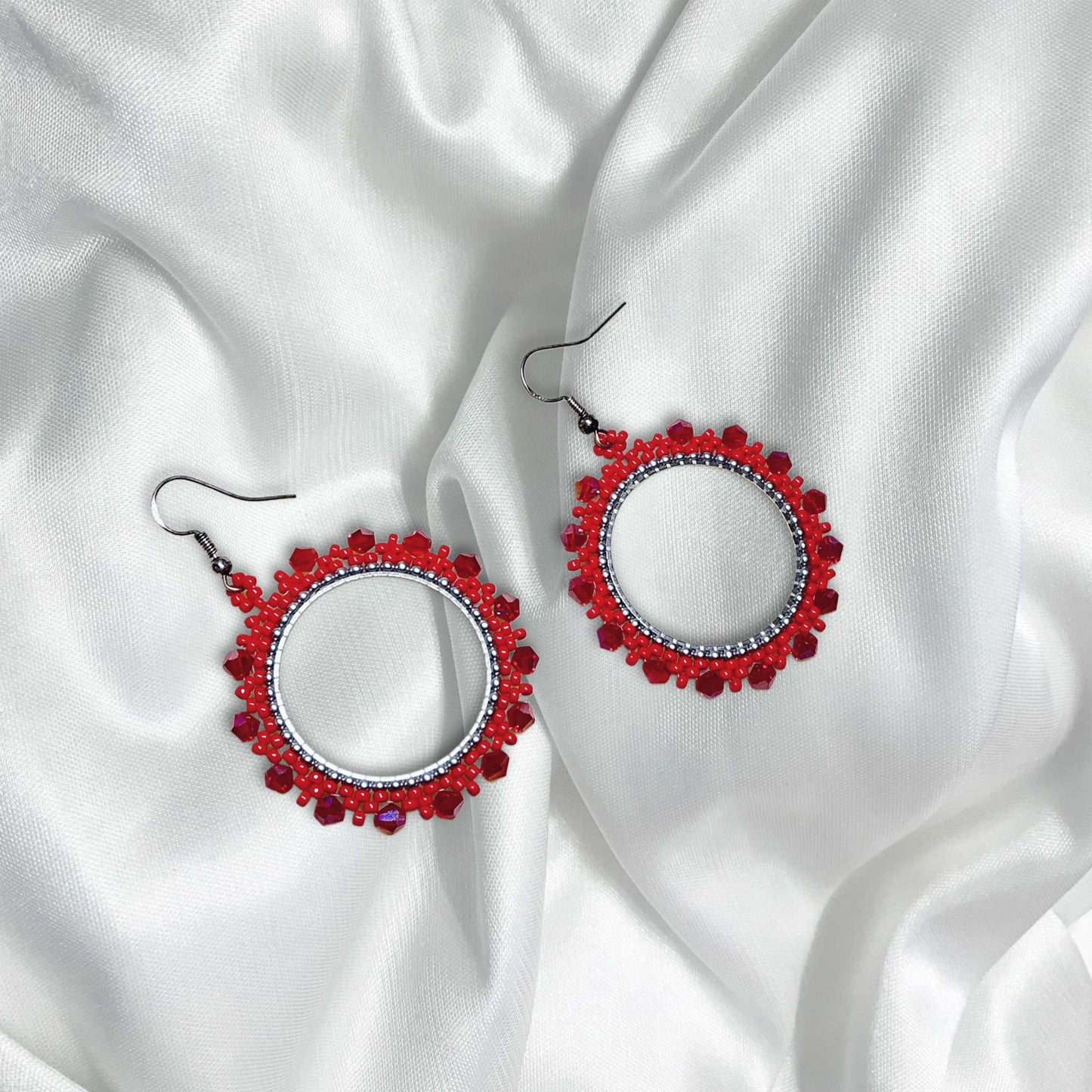 Beaded red hoop earrings