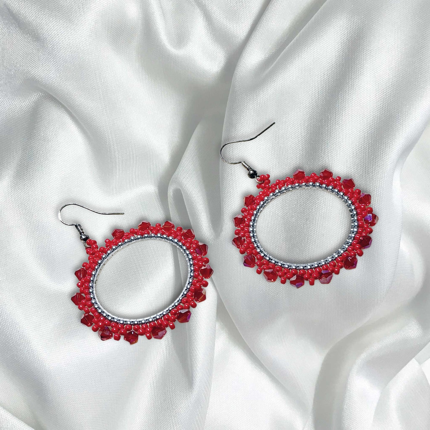 Beaded red hoop earrings