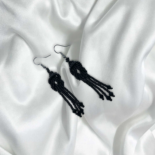 Black Beaded Knot Fringe Earrings