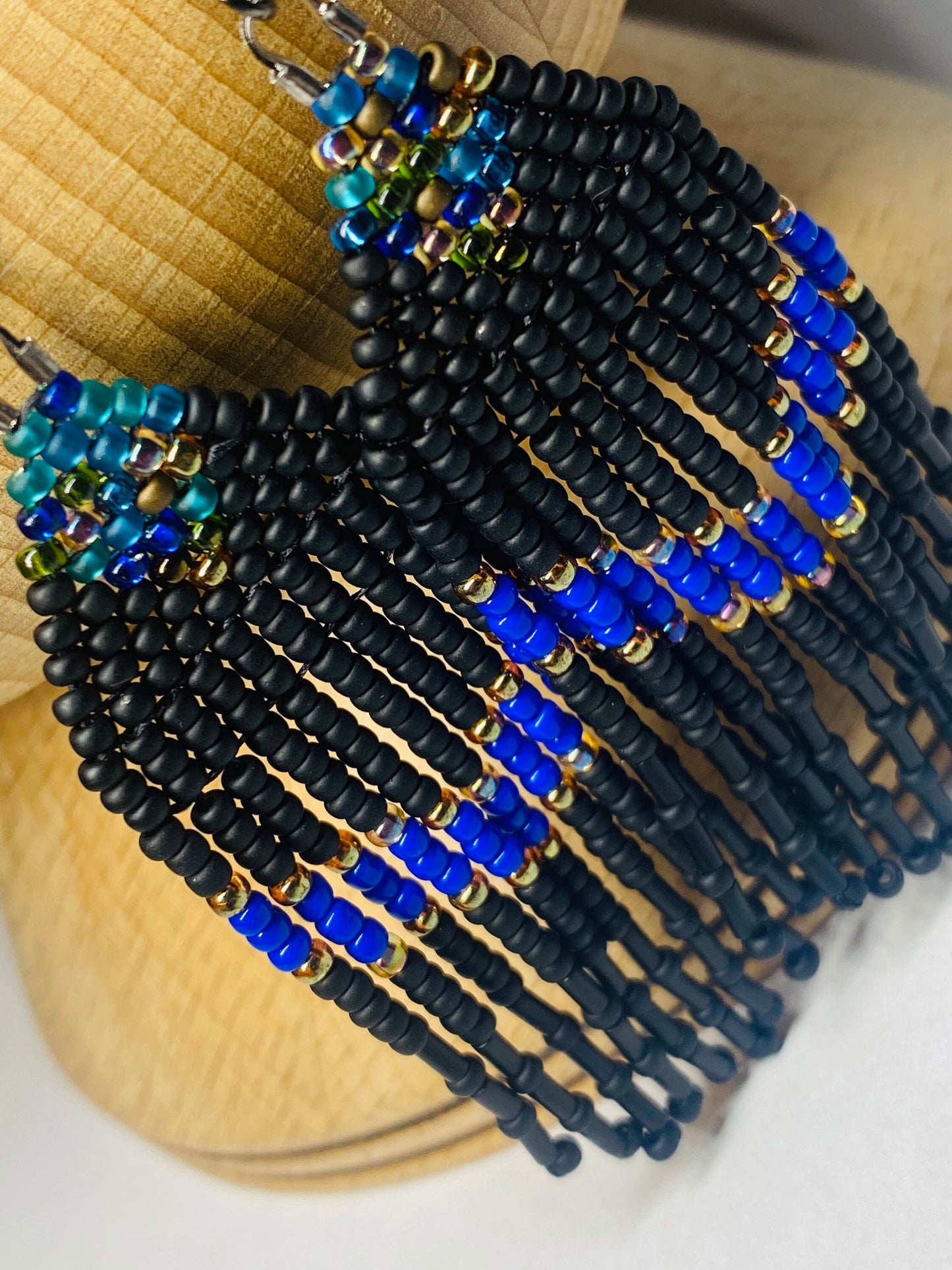 Peacock colored beaded fringe earrings