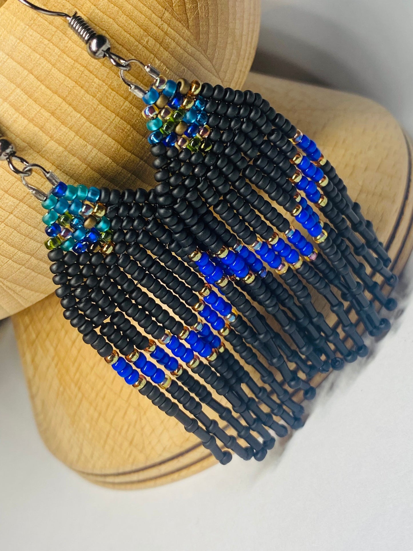 Peacock colored beaded fringe earrings