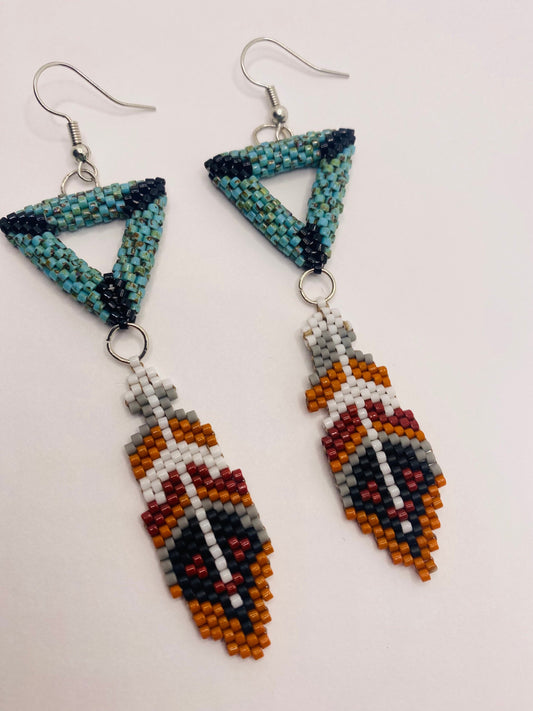 Beaded triangle feather earrings