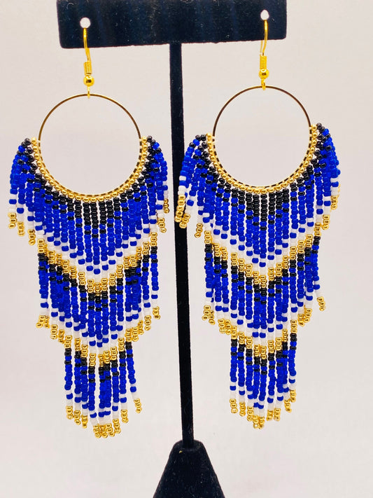 Blue and gold fringe hoop earrings